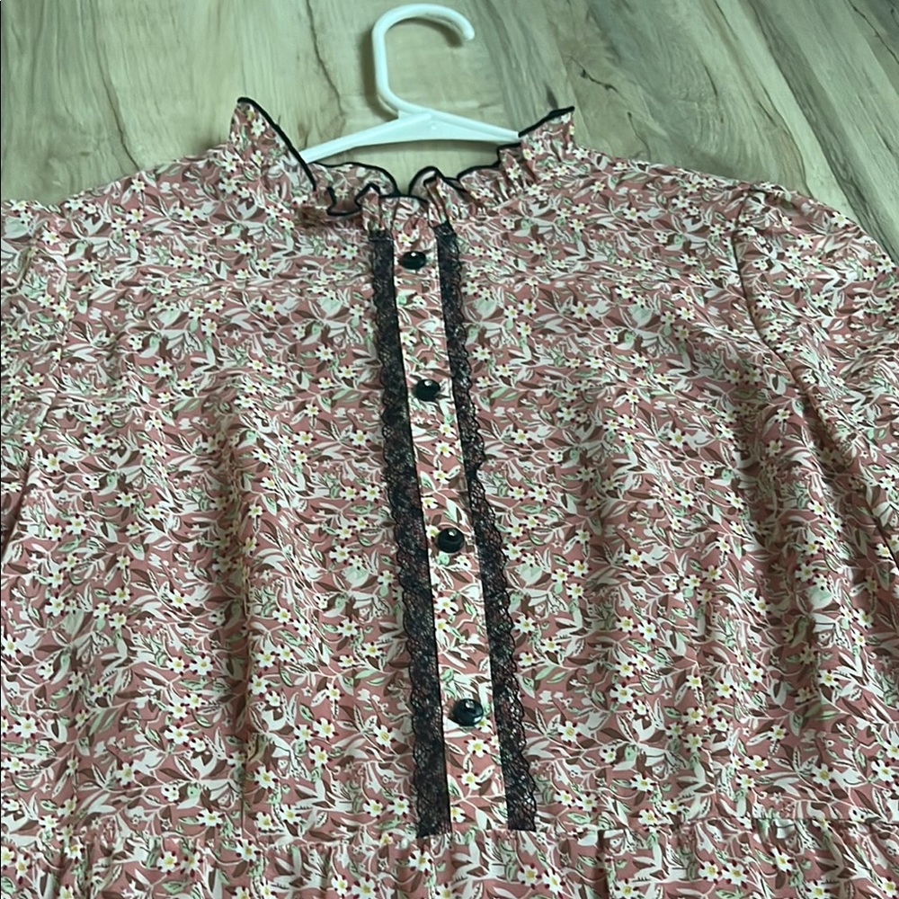 YINER Pink Tiered Dress with Long Bishop Sleeves and Mock Neck - Picture 2 of 4
